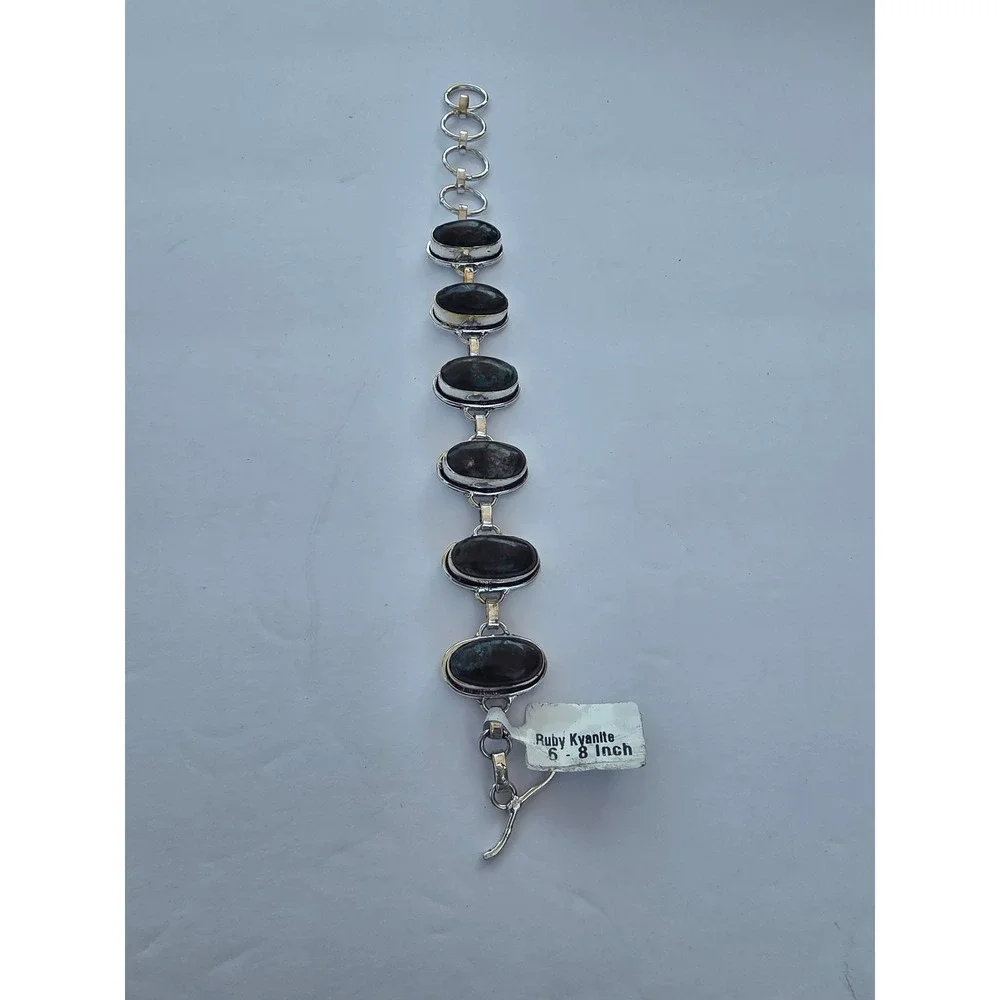 Ruby Kyanite Sterling Silver Oval Cabochon Link Bracelet 6-8 Inch Adjustable